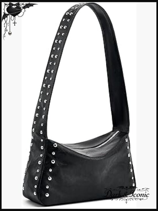 Handbags - Vegan Studded Shoulder Bag with Adjustable Strap, Y2K Style Small Purse